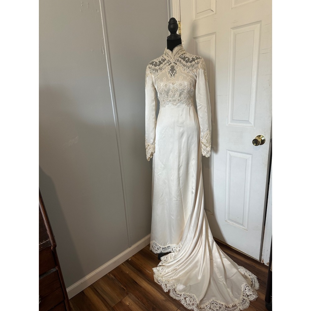 Vintage Ivory Satin Lace Wedding Dress Long Sleeve Pearl Beaded Victorian Gown